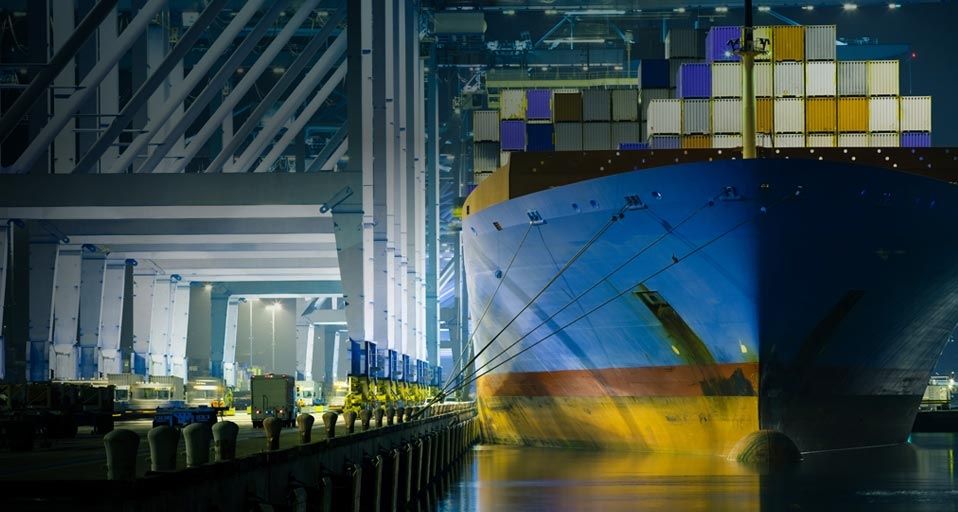 Container ship being loaded at Port of Los Angeles, California