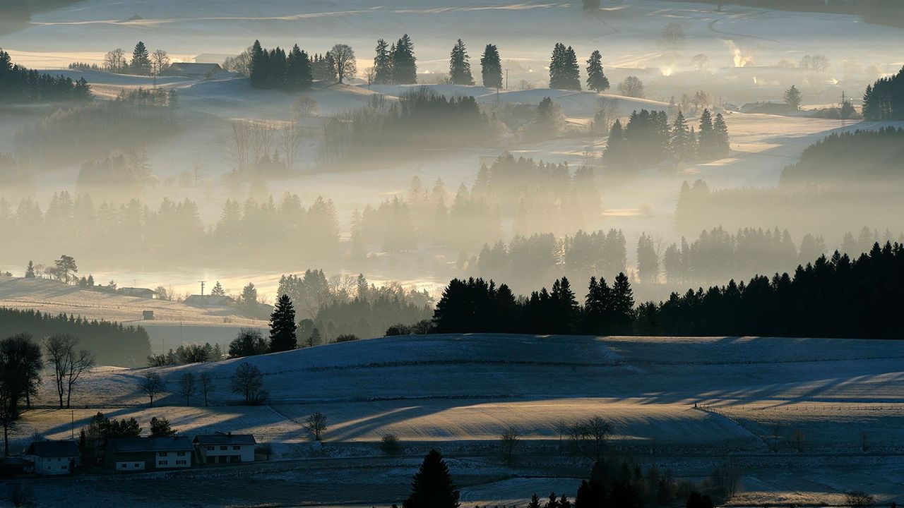Bewaldete Hügel im Morgenlicht am Auerberg, Marktoberdorf, Allgäu, Bayern, Deutschland