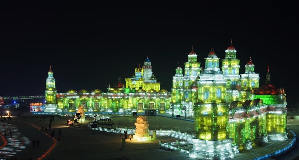 Colorful ice sculptures at the Harbin International Ice and Snow Sculpture Festival in Harbin, Heilongjiang Province, China