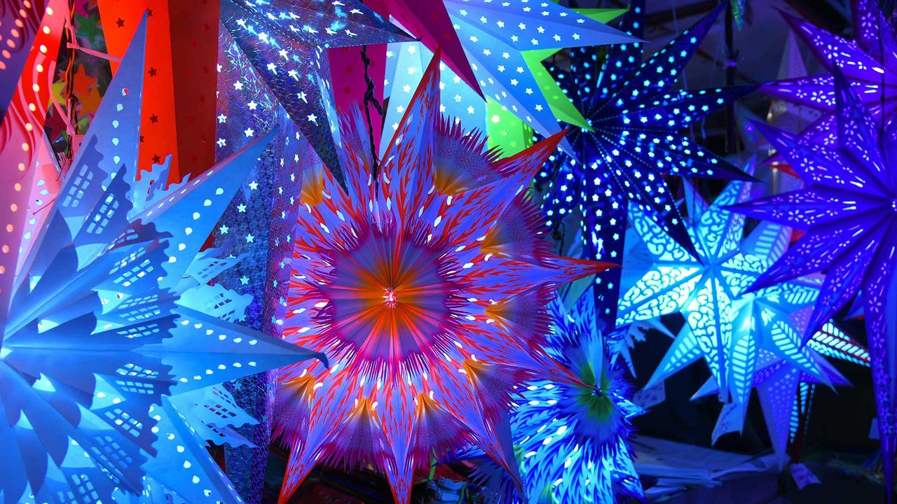 Colourful Christmas stars on sale in a market in Kerala