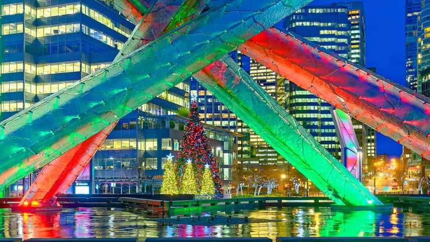 Olympic Cauldron and Christmas trees, Jack Poole Plaza, Vancouver, B.C. 