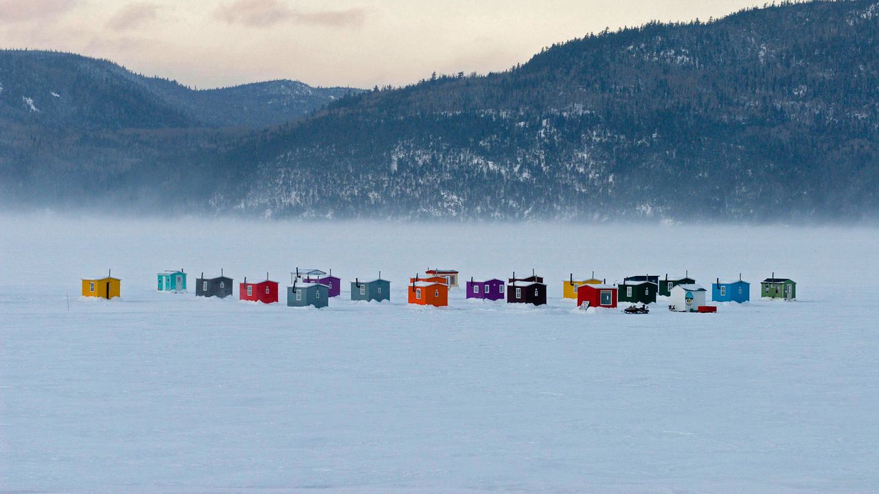 Ice-fishing village near L'Anse-Saint-Jean, Quebec, Canada
