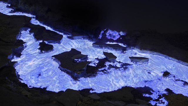 Flaming sulphur from Kawah Ijen volcano, Indonesia