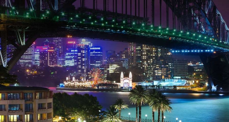Sydney Harbour Bridge with Luna Park and high-rises of North Sydney
