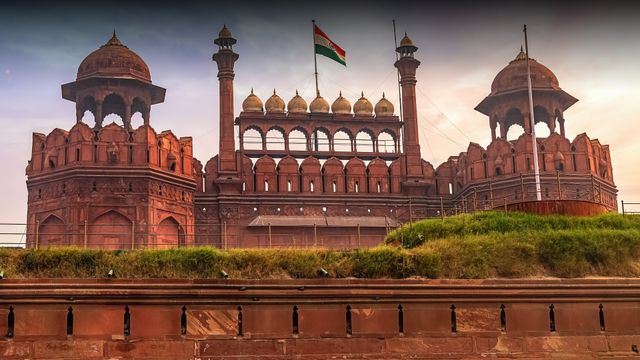 Red Fort Delhi front view with Indian National Flag