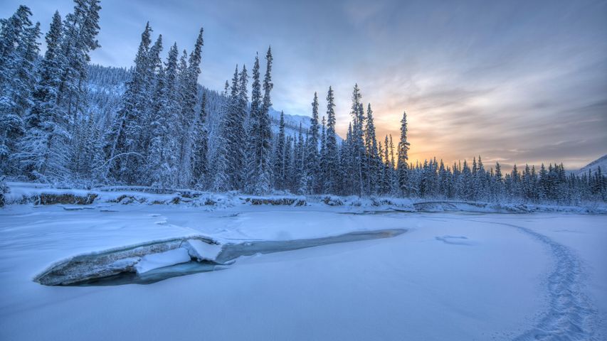 Sunset colours over the icy Wheaton River, Yukon, Canada