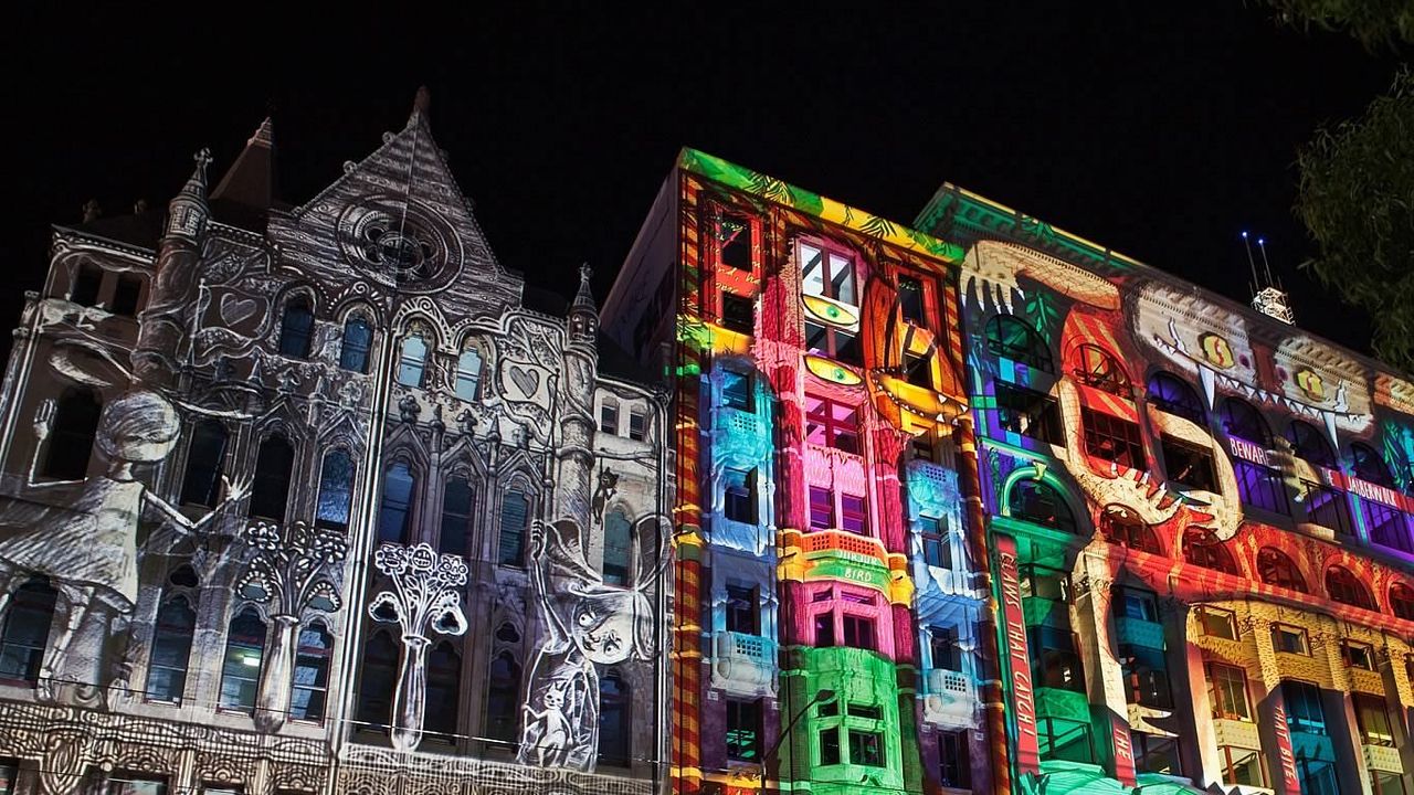 Buildings illuminated for White Night in Melbourne, Australia 