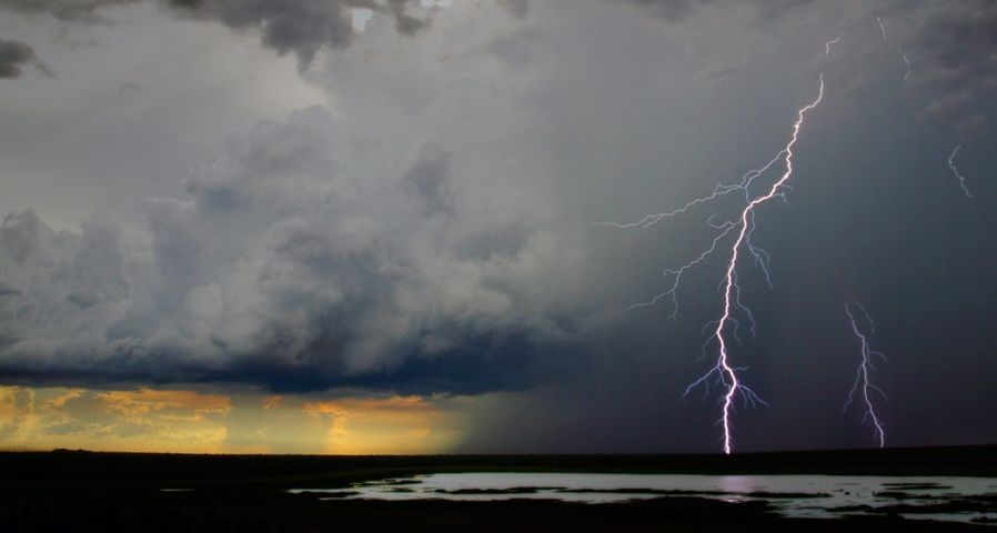 Lightning cracks in a cloud-filled sky with rain falling in distance, Kakadu National Park, Northern Territory, Australia