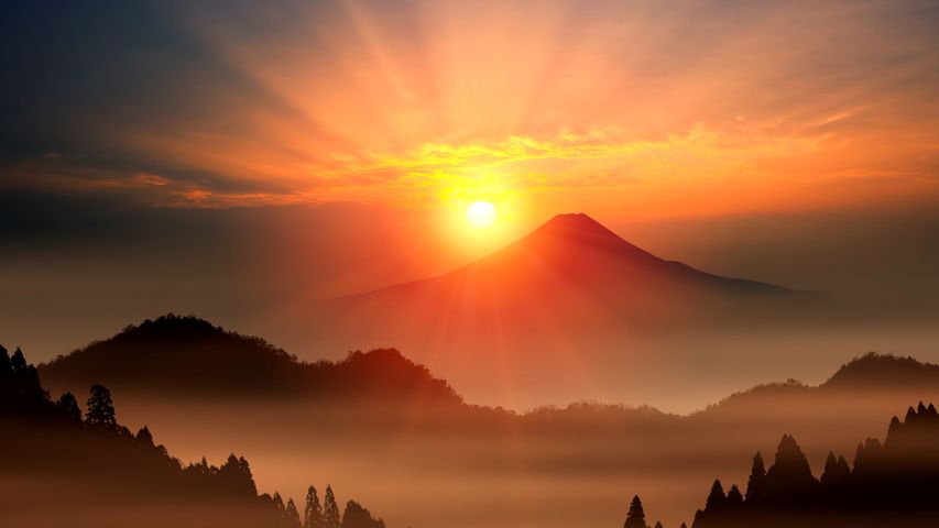 本栖湖から見る富士山の日の出, 山梨県 - Bing Gallery