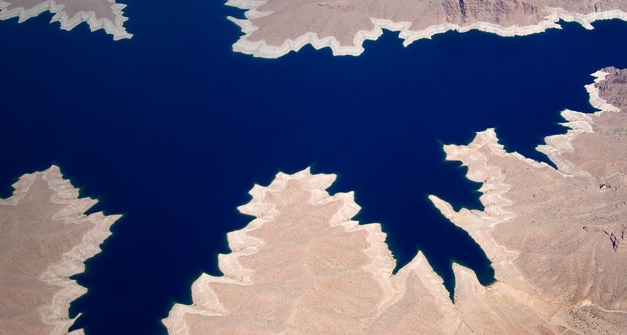 Aerial view of Lake Mead and land erosion near the border of Arizona and Nevada