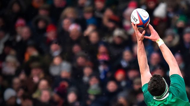 The ball is taken from a line-out during a Six Nations rugby match