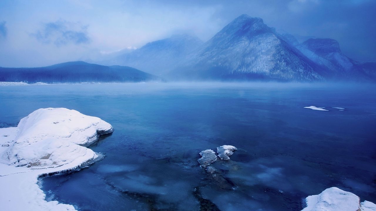 A very cold winter morning at Lake Minnewanka in Banff National Park, Alberta, Canada