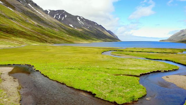 Winding river and grassy valley, Héðinsfjörður, Iceland