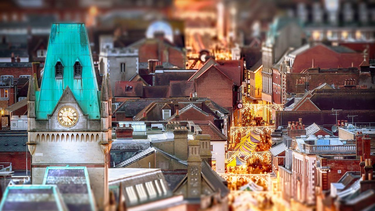 Night-time view of market stalls in Winchester, Hampshire