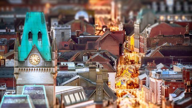 Night-time view of market stalls in Winchester, Hampshire
