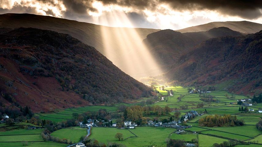 Shafts of light work their way across the Borrowdale valley in the English Lake District National park