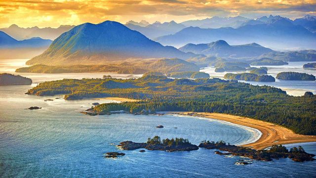 Aerial shot of Tofino with Clayoquot Sound, British Columbia, Canada