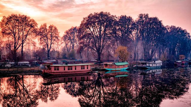 Houseboats parked on the banks of Jhelum River, Kashmir