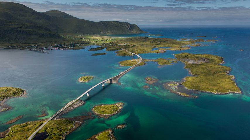 Bridge to the village of Fredvang on Moskenes Island in the Lofoten Islands, Norway