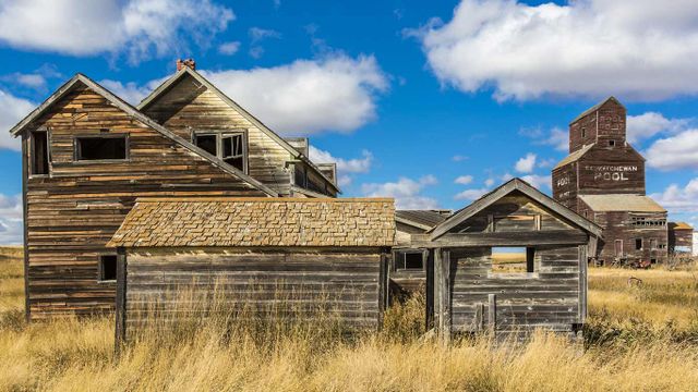 Buildings in an abandoned ghost town of Bents, Saskatchewan, Canada