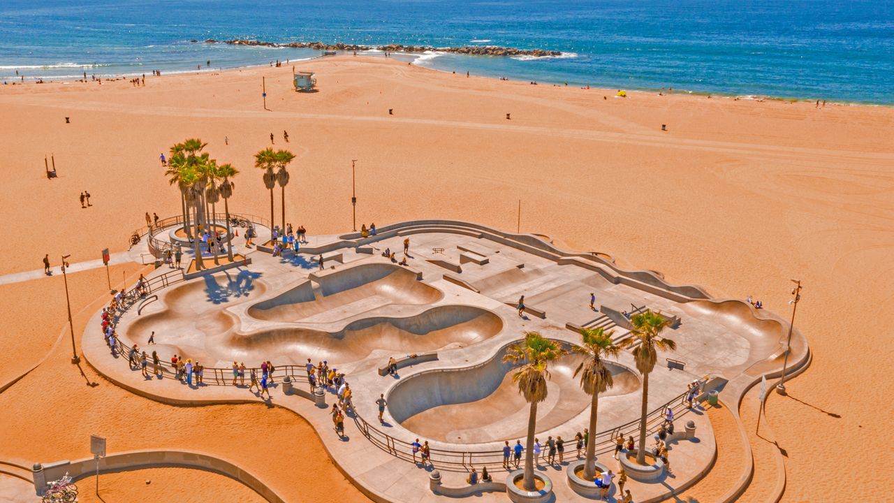 Aerial view of the Venice Skatepark in Venice Beach, Los Angeles, USA