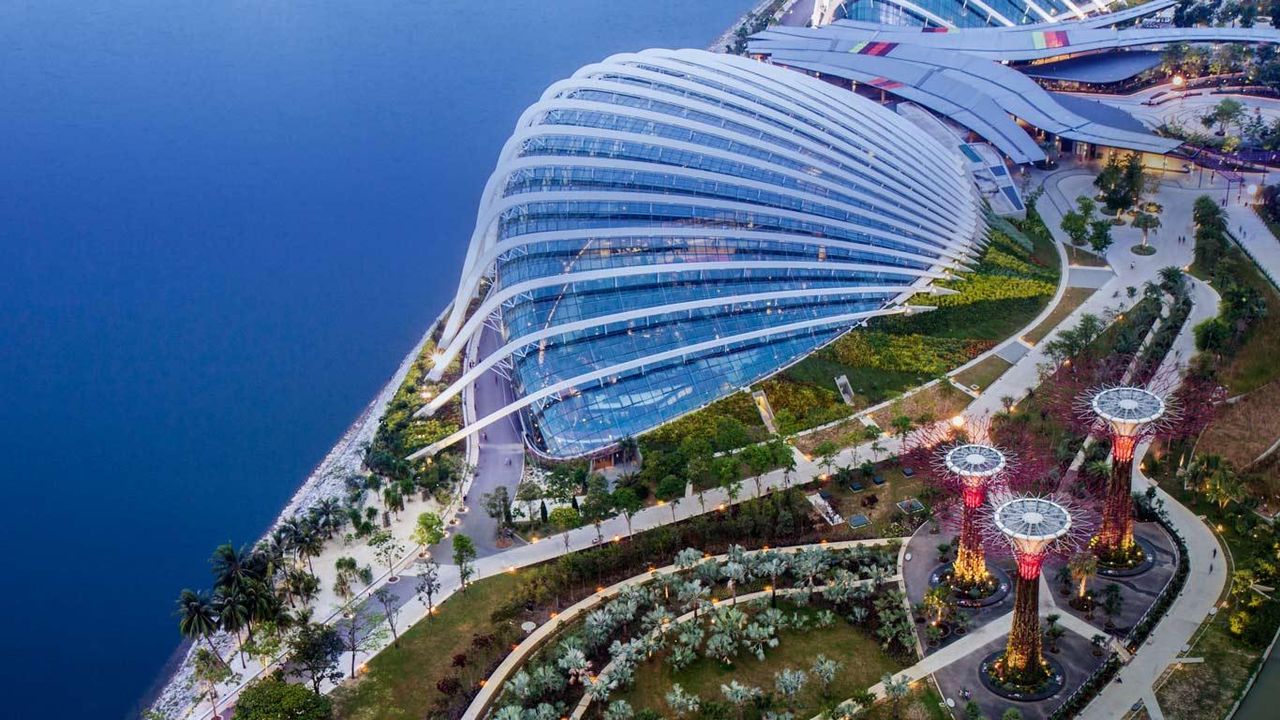 Aerial view of Gardens by the Bay and the Super Trees, Singapore City, Singapore