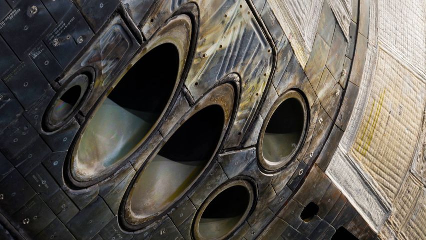 Close-up of the nose of Space Shuttle Atlantis on exhibit at Kennedy Space Centre, Florida 