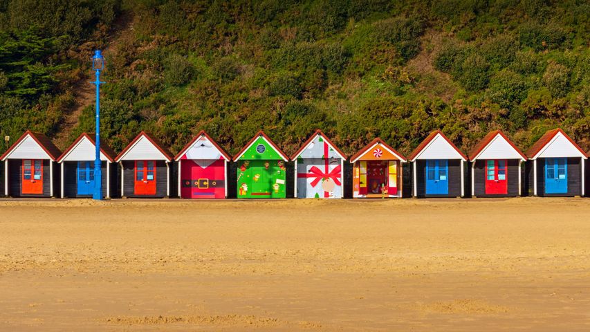 Christmas-themed beach huts in Bournemouth, England