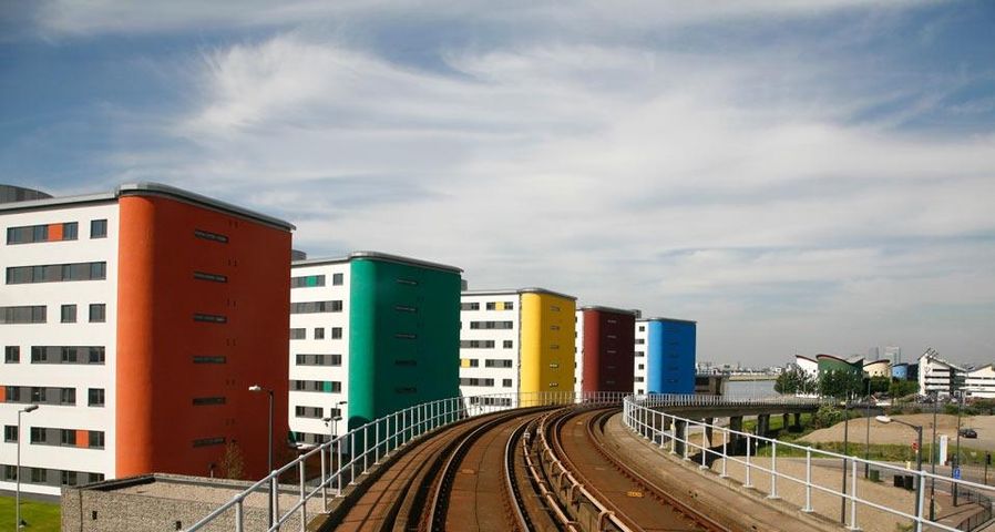 View of the University of East London from a train on the Docklands Light Railway at Beckton, England
