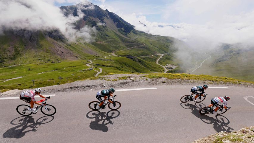 Descending the Col du Tourmalet in the French Pyrenees during the 2021 Tour de France