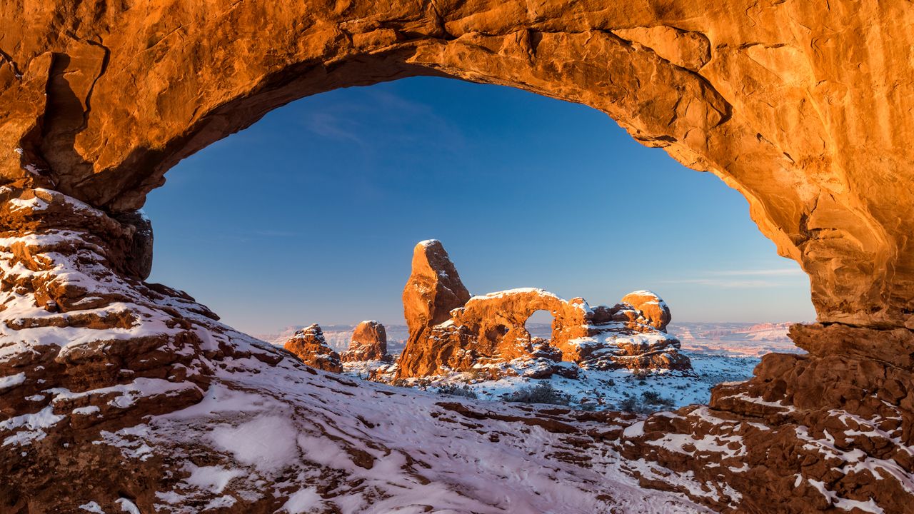 Turret Arch framed by North Window in Arches National ParkUtahUnited States