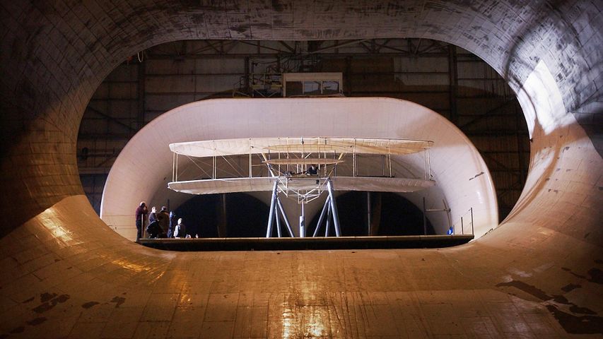Replica of the Wright Flyer undergoing aerodynamic tests at NASA's Langley Research Center, Virginia