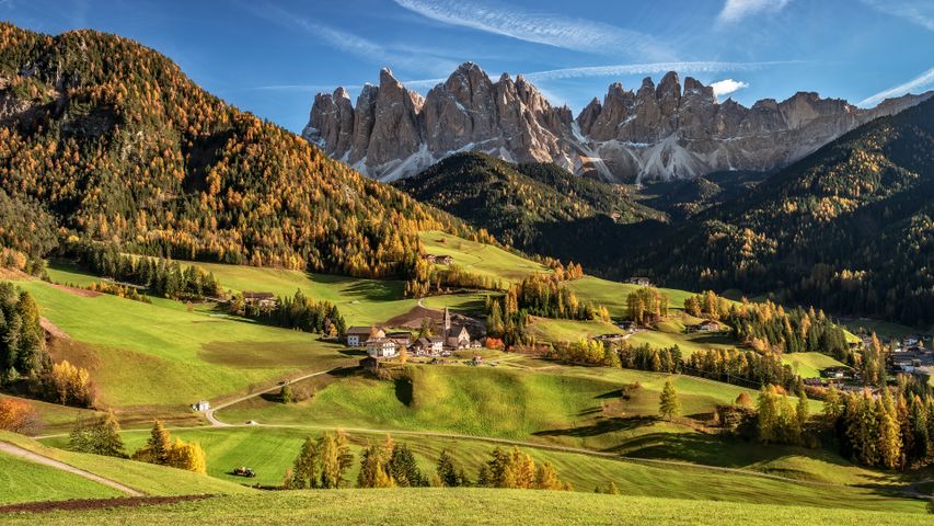 Villnöß with the Dolomites in the background, South Tyrol, Italy