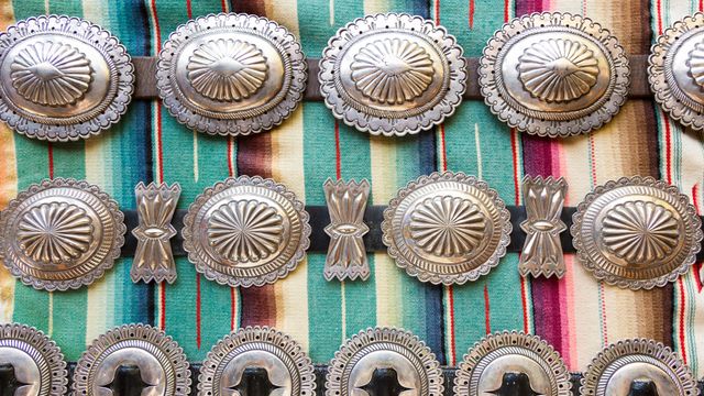 Collection of silver Native American concho belts, Santa Fe, New Mexico
