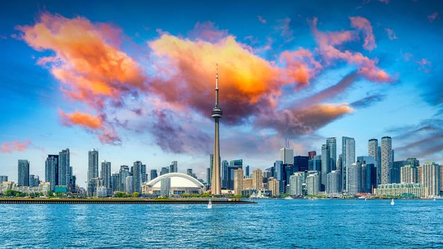 Toronto city skyline seen from Lake Ontario, Canada