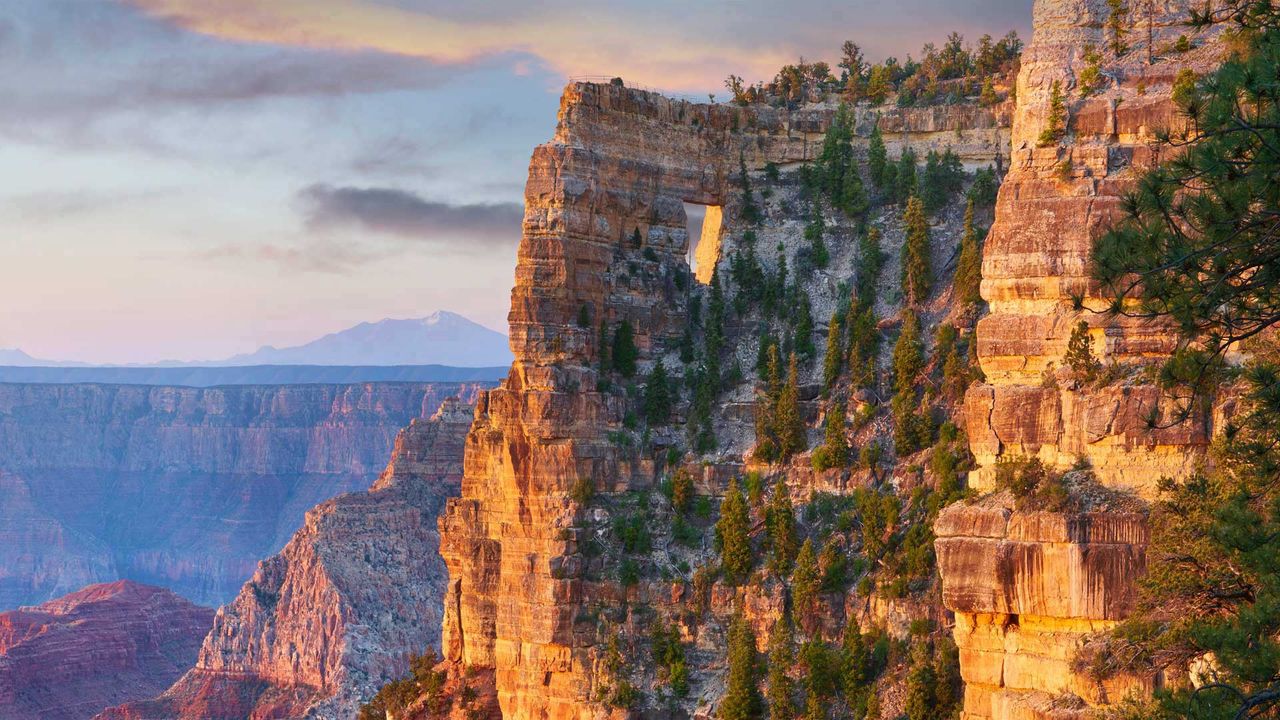 Peekaboo view of Angels Window on the North Rim of the Grand Canyon, Arizona
