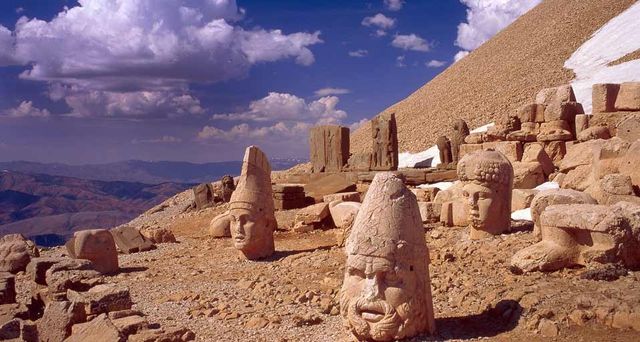 Heads of stone statues at Mount Nemrut in eastern Turkey