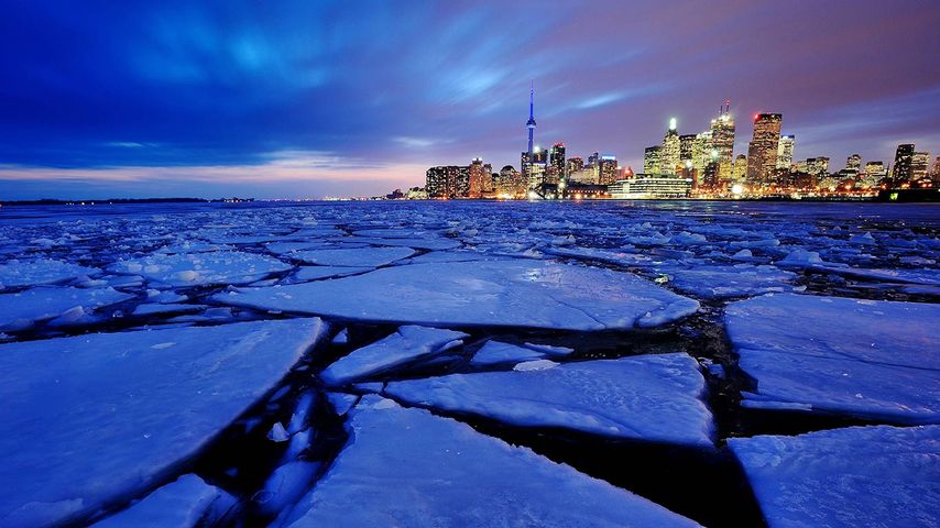 Frozen Toronto harbour in evening with chunks