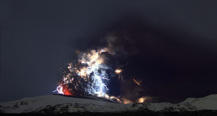 Volcanic eruptions are lit by lightning on the Eyjafjallajokull glacier near Eyjafjallajokull, Iceland