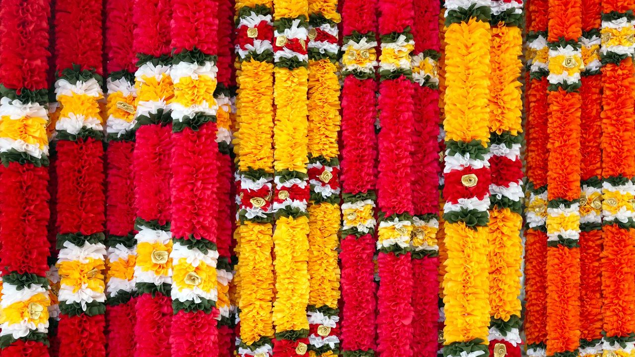 Garlands of red and yellow flowers, on Ugadi
