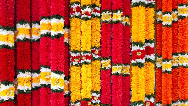 Garlands of red and yellow flowers, on Ugadi