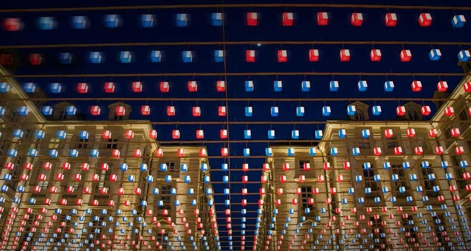 Holiday event called "Luci d'Artista" in the Piazza Palazzo di Città, Turin, Italy