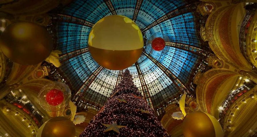 Holiday decorations inside Galeries Lafayette in Paris, France