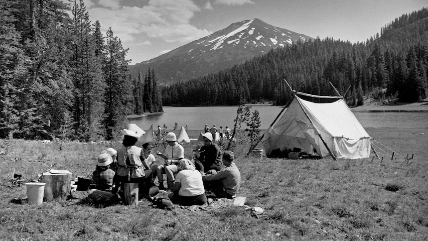 Girl Scouts camping on the shore of Todd Lake in 1960, Deschutes National Forest, Oregon