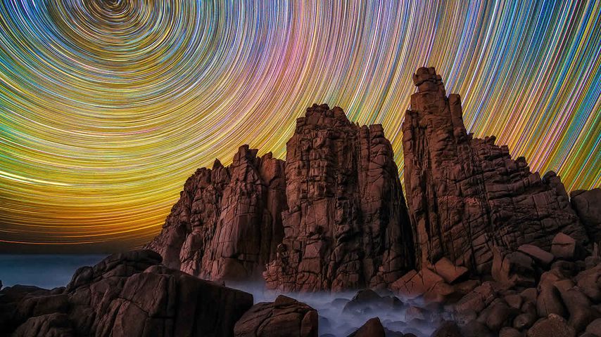 Star trails at Cape Woolamai in Victoria, Australia