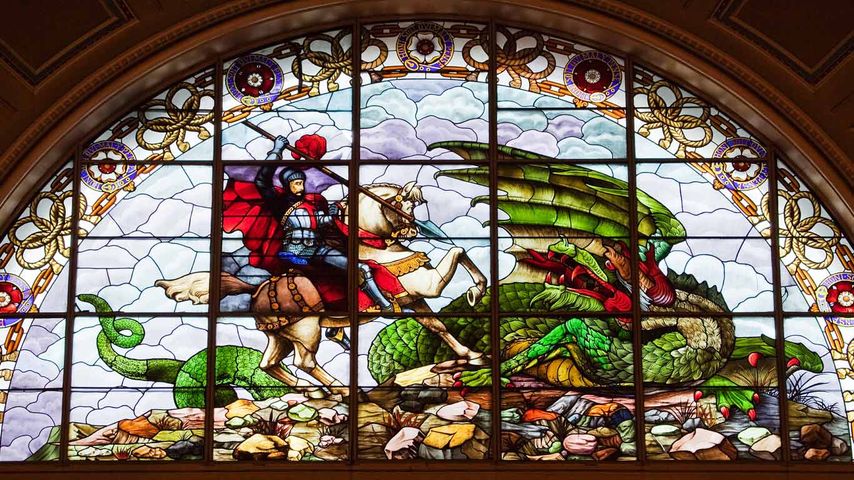 Stained glass windows showing St George and the Dragon at St George's Hall, Liverpool 