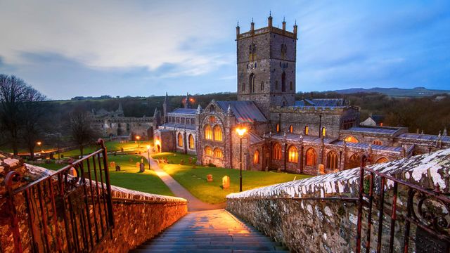 Steps down to St David's Cathedral in St Davids, Pembrokeshire, Wales 