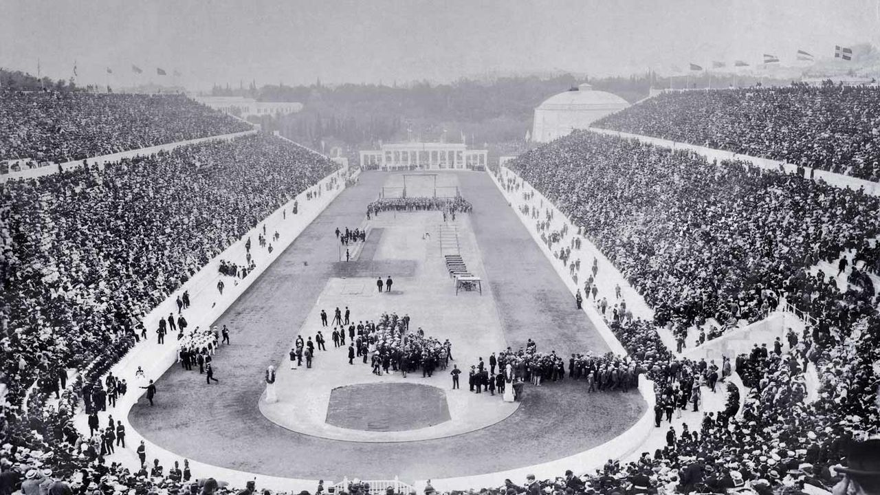 Opening ceremony of the 1896 Olympic Games in Panathinaiko Stadium, Athens, Greece 