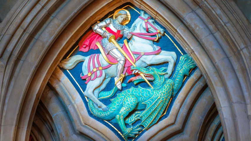 Painted relief of St George and the Dragon at Lincoln Cathedral
