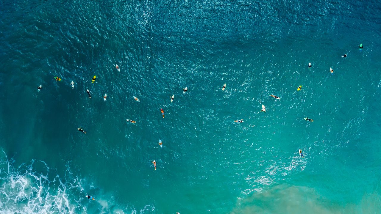 Aerial view of surfers, Santa Catarina, Brazil